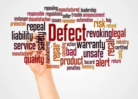 Defect word cloud and hand with marker concept Stock Photos