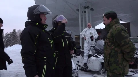 Defence Secretary meets Norwegian conscripts near the Russian border Stock Footage 302390970