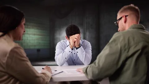 Defending A Client In An Interrogation Room, Criminal Defense Attorney. Stock Photos