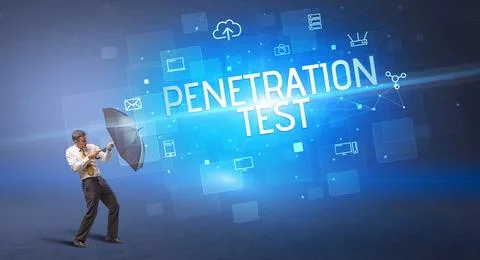 Defending with umbrella from cyber attack Stock Photos