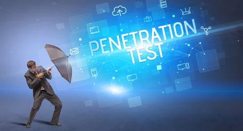 Defending with umbrella from cyber attack Stock Photos