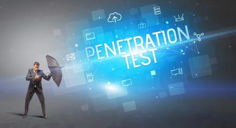 Defending with umbrella from cyber attack Stock Photos