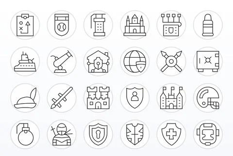 Defense Complete Vector Package with 24 64x64 Thin Line Display Perfect Icons Ilustración de archivo