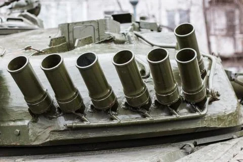Defensive huddle smoke bombs placed on the tank turret Stock Photos