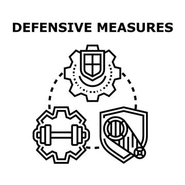 Defensive measures concept with shield, dumbbell, and belt icons Illustrazione stock