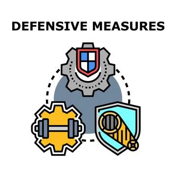 Defensive measures concept with shield, dumbbell, and belt icons Illustrazione stock