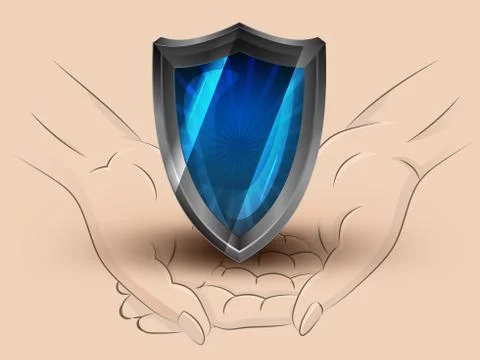 Defensive shield hold two human hands across vector illustration Stock Illustration