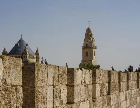 Defensive wall of the ancient holy jerusalem . Stock Photos