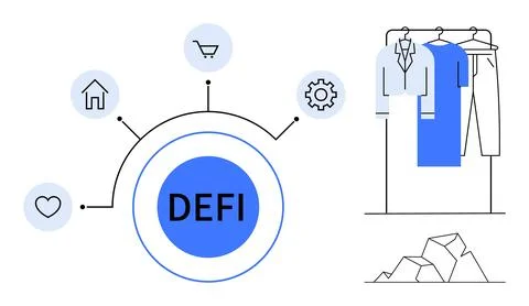DEFI central circle connected to heart, house, cart, gear icons. Clothing on  Stock Illustration