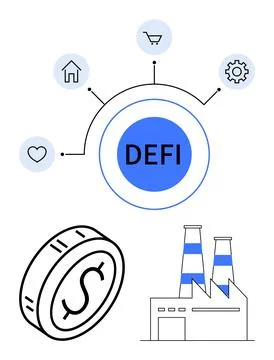 DEFI central hub connected to factory, coin, and icons for home, shopping, ge Stock Illustration