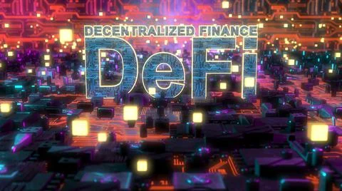 DeFi Decentralized Finance is a blockchain based form of finance - Conceptual Illustrazione stock