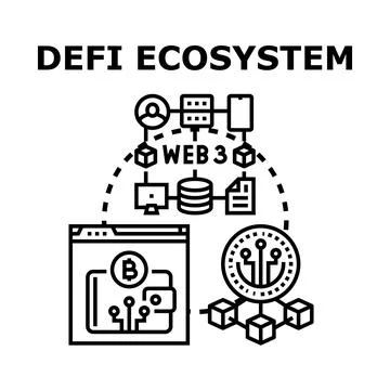 Defi ecosystem connecting decentralized finance and web3 applications Stock Illustration
