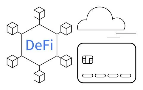 DeFi network with hexagonal blockchain structure, cloud symbol, and digital p Stock Illustration