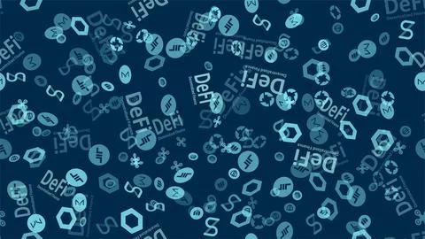 DeFi seamless pattern - decentralized finance with altcoin logos on blue Stock Illustration