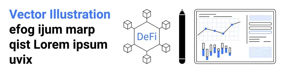 DeFi symbol with hexagonal blockchain structure, pen, and analytics dashboard Stock Illustration