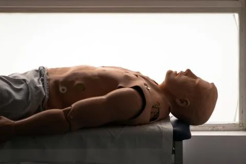 Defibrillator on a dummy doll for practice. Cpr dummy for training purposes Foto stock
