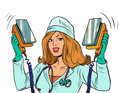 Defibrillator. The nurse resuscitates using a smartphone. Modern technologies Stock Illustration