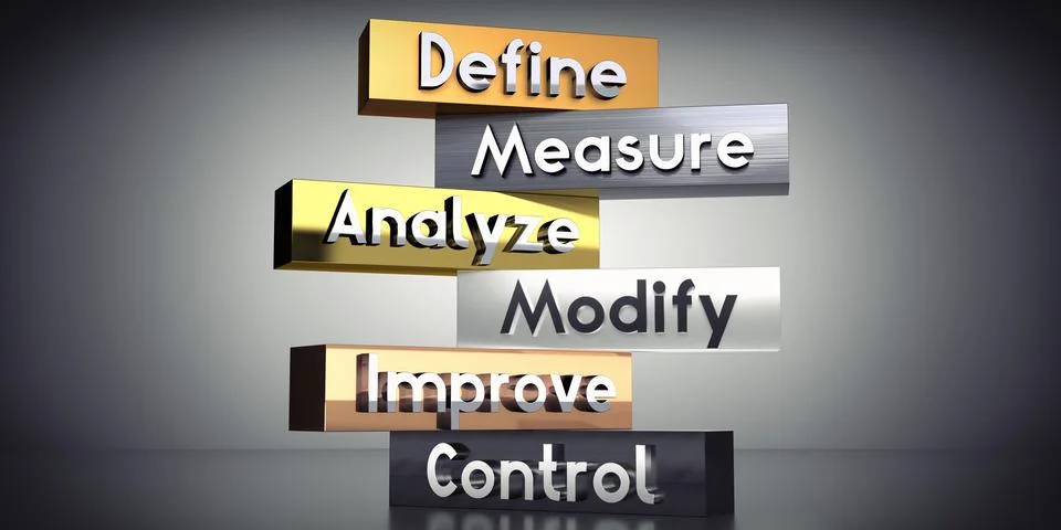 Define, measure, analyze, modify, improve, control - words on metal blocks .. 스톡 일러스트