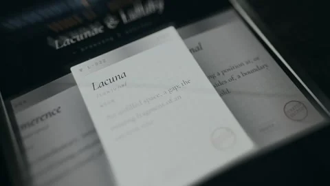 Definition of the noun Lacuna from a dictionary of half-forgotten words Stock Footage 334944419