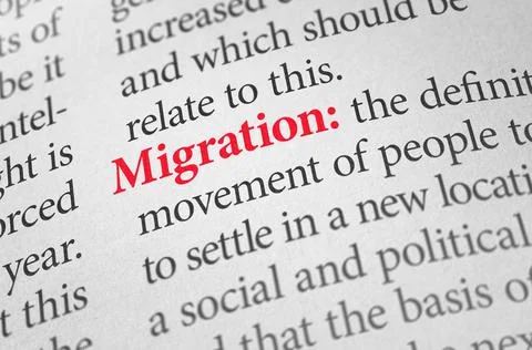 Definition of the word Migration in a dictionary Definition of the word Mi... Stock Photos