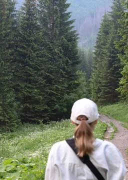 Defocus back view of a young blonde woman hiking in the woods. Hiking through a Stock Photos