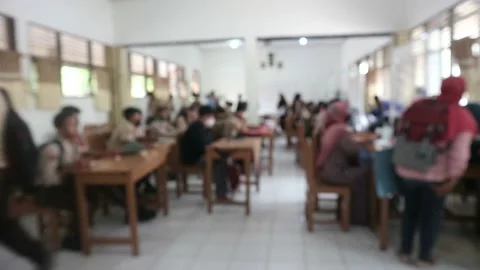 Defocus bokeh crowd of people in queue room. Blur crowds of people. Stock Footage 197486044