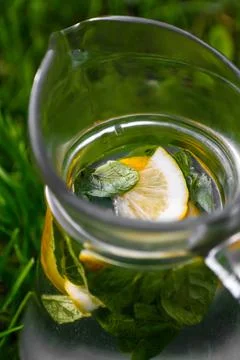 Defocus close-up slice lemon and leaves of mint in glass jug of lemonade natu Фото