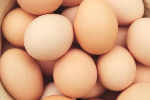 Defocus eggs in straw hat on grass background. Chicken eggs in wooden basket  Stock Photos