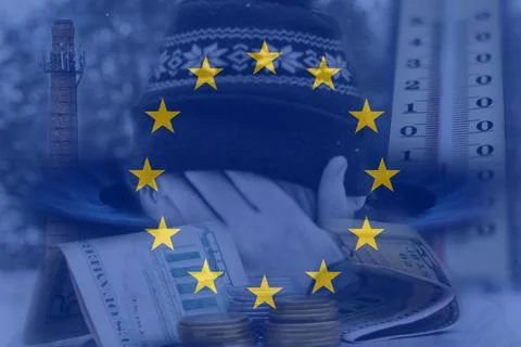Defocus man hiding face. Increase in cost of gas bill. European Union flag. E Stock Photos