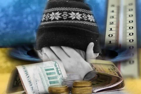 Defocus man hiding face. Increase in the cost of gas bill. Ukraine flag. Ener Stock Photos