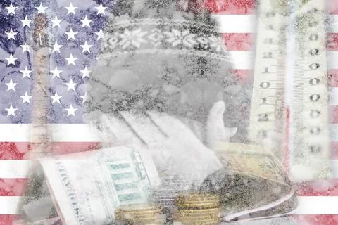 Defocus man hiding face. Increase in the cost of gas bill. USA flag. Russia w 스톡 사진