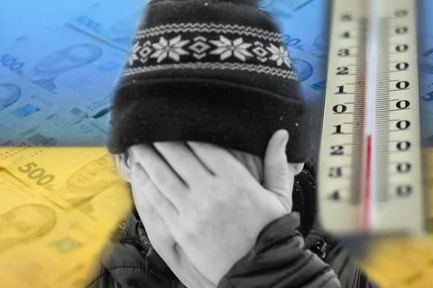 Defocus man hiding face. Increase in the cost of gas bill. Ukraine flag. Ener Foto stock