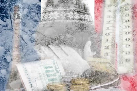 Defocus man hiding face. Increase in the cost of gas bill. France flag. Russi Stock Photos