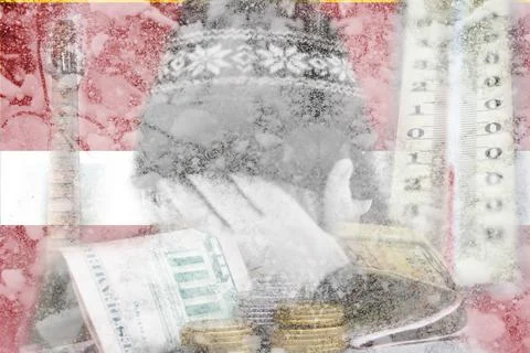 Defocus man hiding face. Increase in the cost of gas bill. Latvia flag. Russi Stock Photos