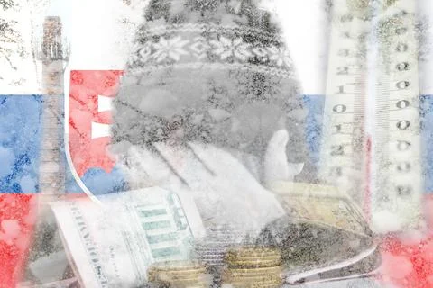 Defocus man hiding face. Increase in the cost of gas bill. Slovakia flag. Rus Stock Photos