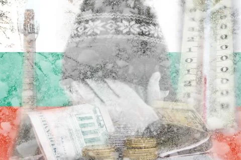 Defocus man hiding face. Increase in the cost of gas bill. Bulgaria flag. Rus Stock Photos