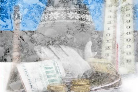 Defocus man hiding face. Increase in the cost of gas bill. Estonia flag. Russ Stock Photos