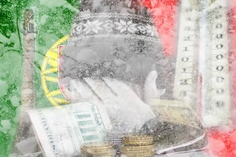 Defocus man hiding face. Increase in the cost of gas bill. Portuguese flag Stock Photos