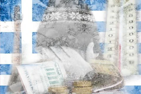 Defocus man hiding face. Increase in the cost of gas bill. Greece flag. Russi Foto stock