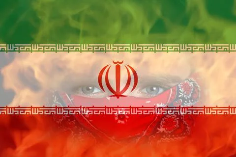 Defocus protest in Iran. Face young man in bandana. Conflict war over border. Stock Photos