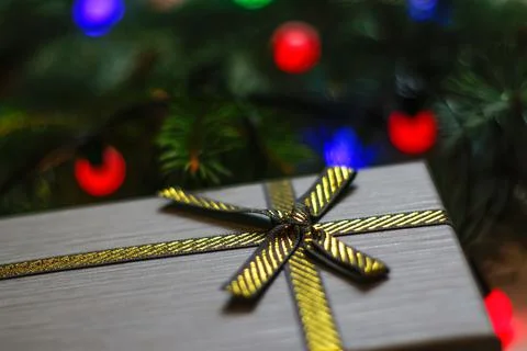 Defocus side view gray retro gift with close-up gold bow ribbon on pine or fi Stock-Fotos