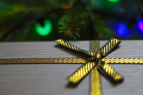 Defocus side view gray retro gift with close-up gold bow ribbon on pine or fi 写真素材
