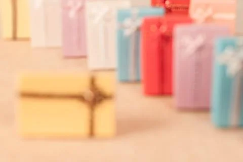 Defocus small gift box set on sack cloth Stock Photos