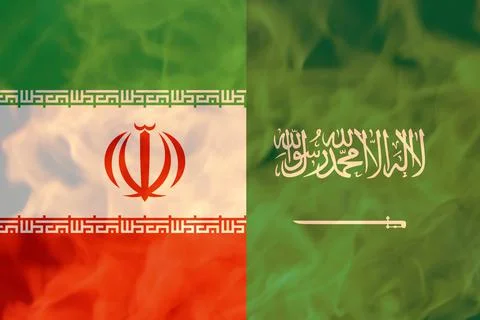 Defocus war between Iran and Saudi Arabia. National flag of iran and saudi ar Stock Photos