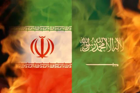 Defocus war between Iran and Saudi Arabia. National flag of iran and saudi ar Stock Photos