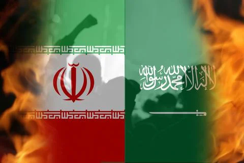 Defocus war between Iran and Saudi Arabia. National flag of iran and saudi ar Stock Photos