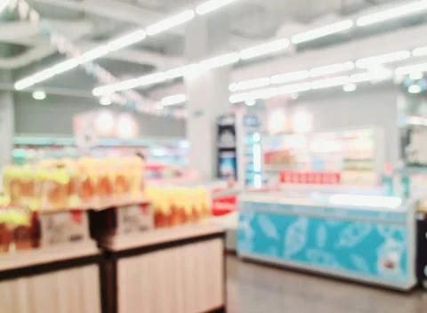 Defocused abstrack background of minimarket or supermarket Stock Photos