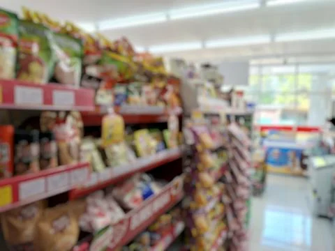 Defocused abstrack background of minimarket or convenience store Stock Photos