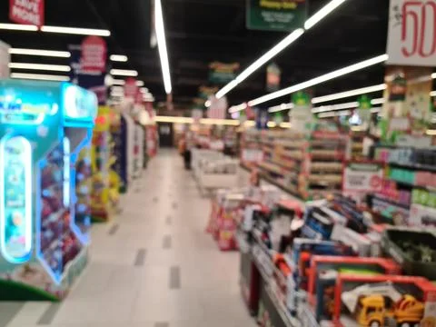 Defocused abstrack background of minimarket Stock Photos