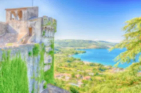 Defocused background with aerial view of Bracciano Lake, Italy Stock Photos